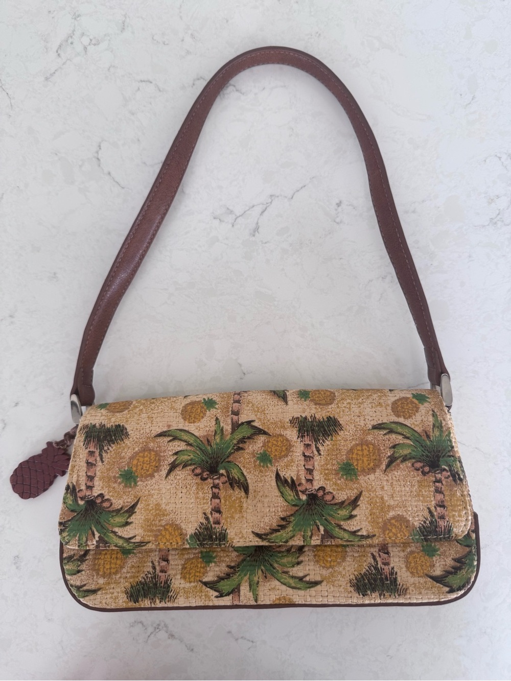 Tropical Palm and Pineapple Print Woven Shoulder Bag